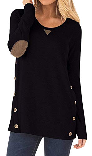 Product Cover YAKITA Women's Long Sleeve Casual Side Buttons Crew Neck Elbow Patched Loose Blouses Tops