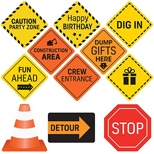 Product Cover Construction Birthday Party Supplies Signs - 12 Double Sided Medium Size Traffic Cutout Signs for Kids Birthdays and Bedroom Decorations