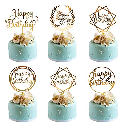 Product Cover Whaline 6 Pack Happy Birthday Cake Topper Acrylic Cupcake Topper for Various Birthday Cake Decorations, Gold