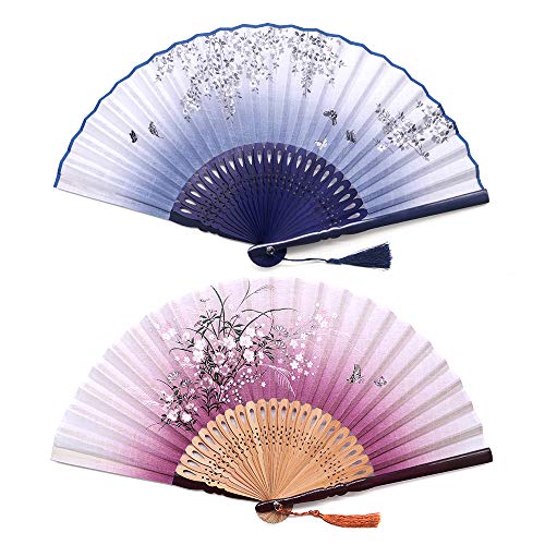 Product Cover Sunnyac Hand Folding Fan, Japanese Bamboo, Fabric Handheld Fans in Delicate Box, Chinese Vintage Retro Style Handcrafted Fans and Patterns, Great Gift for Women, Girls (Type2)