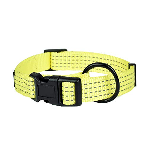 Product Cover Mile High Life Night Reflective Four Stripes Pull D-Ring ID Tags Hanger Nylon Dog Collar (Lemon Yellow, X-Small Neck 9