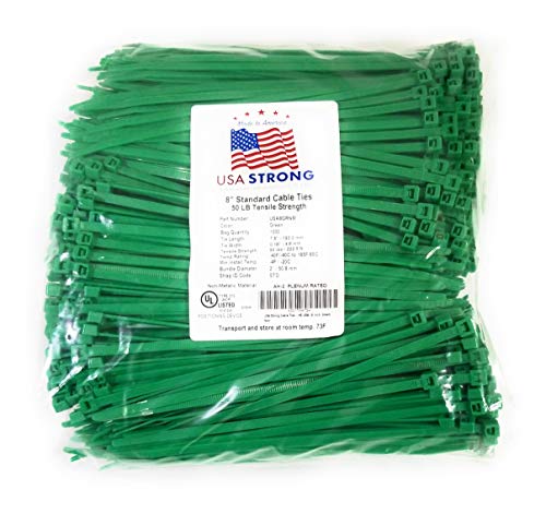 Product Cover Cable Ties. Standard Duty 7.6 Inch Premium Nylon Wire Management Zip-Ties. 50 LB Tensile Strength. USA Strong Cable Ties (1000 Pack, Green)