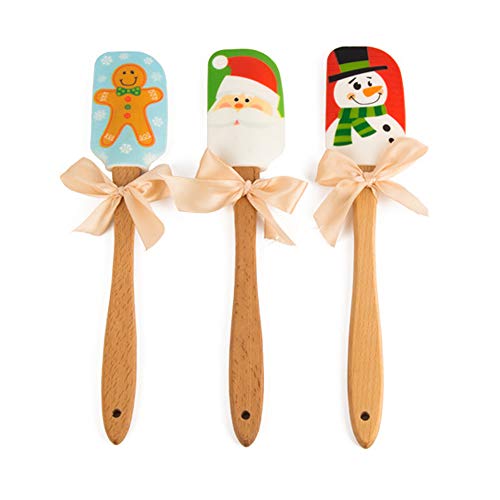 Product Cover Silicone Spatula, Caliamary 3 Pieces Kitchen Silicone Spatula Set, Christmas Cake Decorating Spatula with Wooden Handle, Snowman Gingerbread Man and Santa Claus Pattern