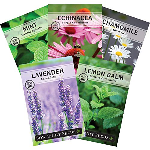Product Cover Sow Right Seeds - Herbal Tea Collection - Lemon Balm, Chamomile, Mint, Lavender, Echinacea Herb Seed for Planting; Non-GMO Heirloom Seed, Instructions to Plant Indoor or Outdoor; Great Gardening Gift