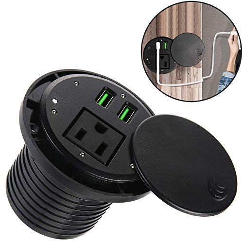 Product Cover 2-3/8inch Power Grommet with Cover, Recessed Desktop Green USB Port Grommet, In Desk Outlet Grommet with 1 AC Outlets and 2 USB Ports 5.9FT Cord.