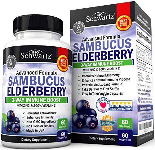 Product Cover Sambucus Elderberry Capsules with Zinc & Vitamin C - Women & Men's Daily Herbal Supplement for Immune Support, Skin Health - Powerful Antioxidant - Natural Elderberries - 60 Day Supply - Veggie Caps