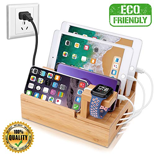 Product Cover InkoTimes Charging Station with 5-Port USB Charger, Bamboo Charging Station for Multiple Devices of Apple iWatch iPhone iPad Samsung, Universal iOS and Android Cell Phones & Tablets