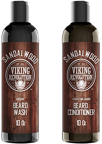 Product Cover Beard Wash & Beard Conditioner Set w/Argan & Jojoba Oils - Softens & Strengthens - Natural Sandalwood Scent - Beard Shampoo w/Beard Oil (10oz)