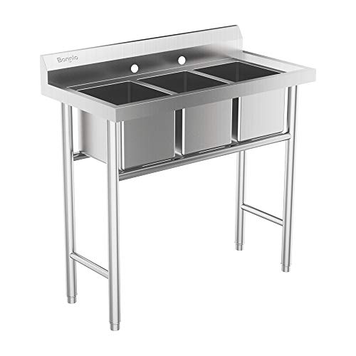 Product Cover Bonnlo 3-Compartment 304 Stainless Steel Utility Sink Commercial Grade Laundry Tub Culinary Sink for Outdoor, Indoor, Garage, Kitchen, Laundry/Utility Room