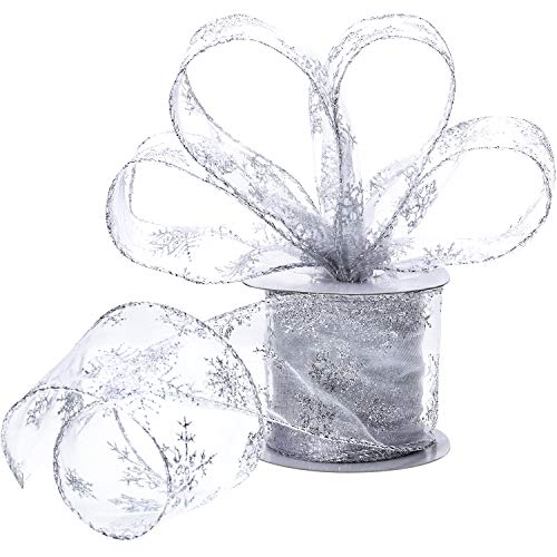 Product Cover Boao 6.3 cm in Width Organza Ribbon Snowflake Wired Sheer Glitter Ribbon with Spool for Christmas Decoration, Gift Wrapping, Party Decoration (Silver, 10 m)
