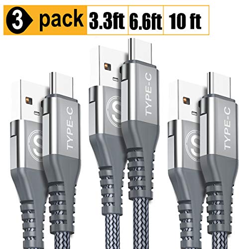 Product Cover USB Type C Cable 3.1A Fast Charging,Sweguard 3-Pack (10ft+6.6ft+3.3ft) USB-A to USB-C Charger Cable,Nylon Braided Cord for Samsung Galaxy S10 S10E S9 S8 Plus Note 10 9 8,LG G8 G7 V40 V30,Moto Z(Grey)