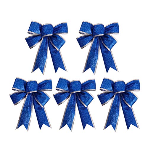 Product Cover HEALIFTY 5Pcs Christmas Glittering Ribbon Bow Gift Knot Ribbon Ornaments Christmas Tree Presents Decoration(Blue)