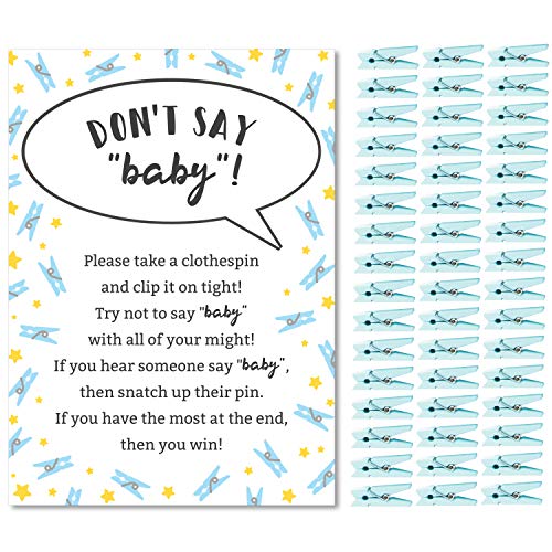 Product Cover Don't Say Baby Game for Boys Baby Shower Clothespin Game Includes One 5x7 Sign and 48 Mini Blue Clothespins