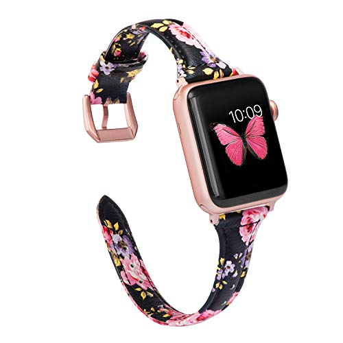Product Cover Wearlizer Thin Leather Black Pink Floral Compatible with Apple Watch Bands' 42mm 44mm for iWatch Womens Top Grain Leather Slim Strap, Female Flower Wristband (Rose Gold Clasp) Series 5 4 3 2 1 Sport