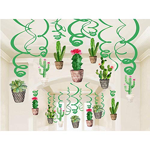 Product Cover Konsait Cactus Hanging Swirl Decoration(30Pack), Cactus Swirls Birthday Party Spirals Home Ceiling Wall Decor for Mexican Fiesta Forest Woodland Farm Baby Shower Favor Supplies Decor