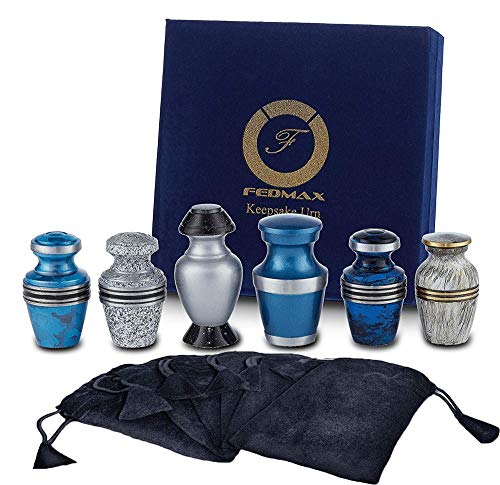 Product Cover Keepsake Cremation Urns, Blue & White (6pc), Small Funeral Urns for Human Ashes w/Velvet Box, by Fedmax.