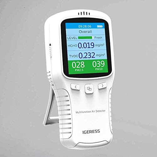 Product Cover Air Quality Detector IGERESS Multifunctional Indoor Air Quality Meter Monitor with Colorful LCD Screen and Holder for Formaldehyde (HCHO) VOC PM2.5 PM10 Accuracy Tester (White)