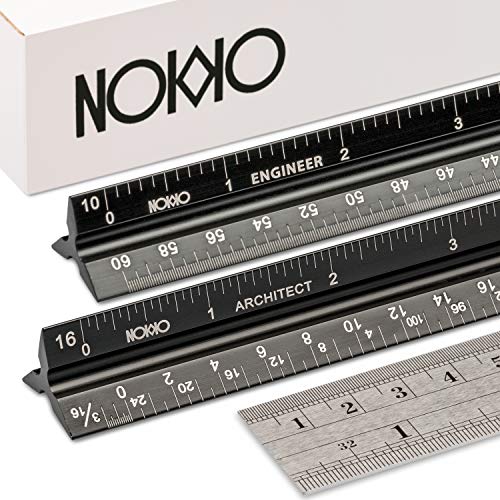 Product Cover NOKKO Architectural and Engineering Scale Ruler Set - Professional Measuring Kit for Drafting, Construction - Imperial and Metric Conversion Table Included - Laser-Etched Markings, Anodized Aluminum