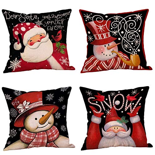Product Cover MeritChoice Christmas Pillow Covers Set of 4, Square Santa Claus Snowman Throw Pillow Cases 18 x 18 Inches Cotton Linen