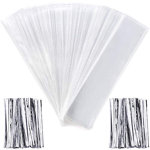 Product Cover Pangda 200 Pieces Clear Cello Bags Plastic Treat Bags Rectangle Transparent Bags for Chocolate Candies Pretzel Cookies with 200 Pieces Twist Ties (Silver Ties)