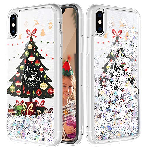 Product Cover Caka iPhone X Case, iPhone Xs Glitter Case Liquid Christmas Girls Luxury Fashion Bling Flowing Liquid Floating Sparkle Glitter Cute Soft TPU Case for iPhone X XS (Tree)