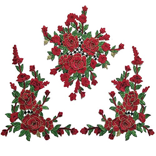 Product Cover 1 Set/Large Embroidered Peony Flowers Lace Patch Applique Three-Dimensional Garment Fabric DIY Accessories Sew (red)