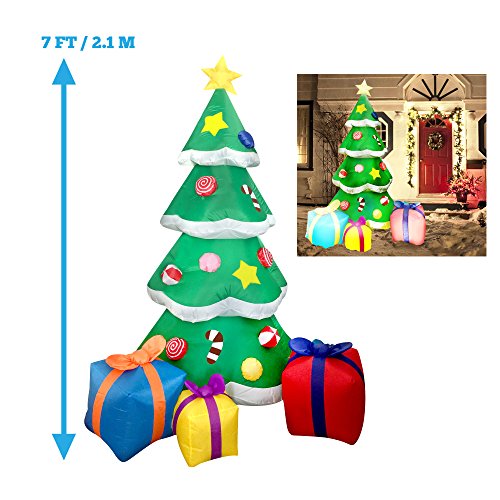 Product Cover Joiedomi 7 Foot LED Light Up Giant Christmas Tree Inflatable with 3 Gift Wrapped Boxes Perfect for Blow Up Yard Decoration, Indoor Outdoor Yard Garden Christmas Decoration