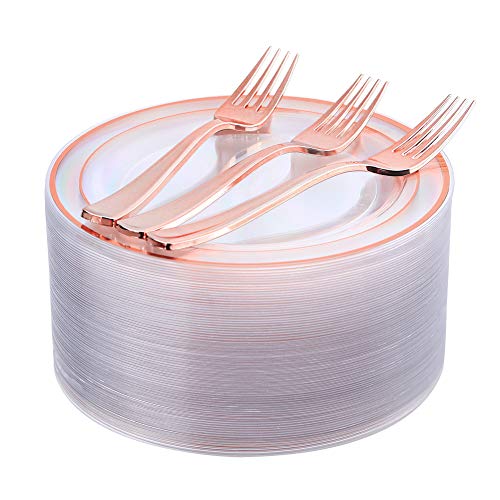 Product Cover Rose Gold Plates 72 Pieces & Plastic Forks 72 Pieces, Small Cake Plates 7.5 inch, Premium Plastic Dessert Plates and Disposable Appetizer Plates Great for Party and Wedding
