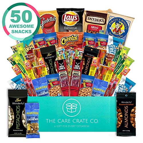 Product Cover The Care Crate Man Box Ultimate Men's Snack Box Care Package ( 50 piece Snack Pack ) Chips Variety Pack, Cookies, Pretzels, Jerky, Nuts