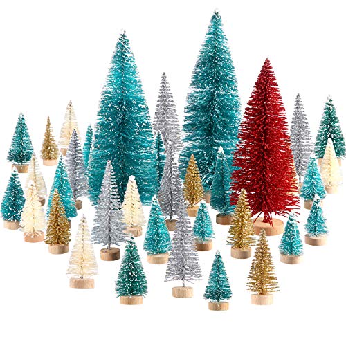 Product Cover SATINIOR 60 Pieces Artificial Mini Christmas Tree Sisal Snow Trees Bottle Brush Christmas Trees Pine Trees Ornaments with Wooden Base for Christmas Party Home Decoration (6 Sizes, Multicolors)