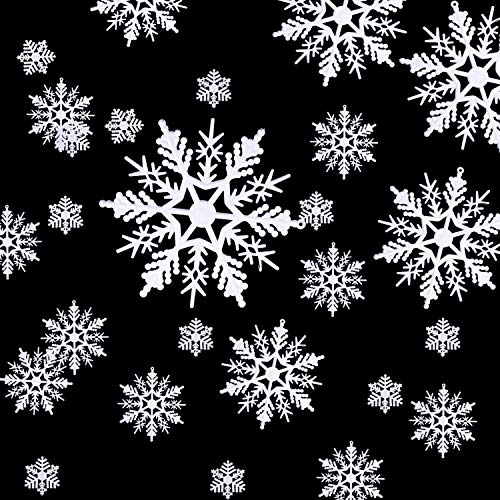 Product Cover Hestya 50 Pieces Plastic White Snowflakes Ornaments for Christmas Decoration, Assorted Sizes (White, 1, 2, 3, 4, 5, 6 Inches)