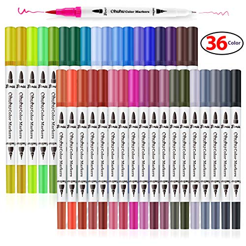 Product Cover 36 Colors Art Markers, Ohuhu Dual Tips Coloring Brush Marker Fineliner Color Pens, Water Based Marker for Calligraphy Drawing Sketching Coloring Book Bullet Journal Project for Christmas Gifts