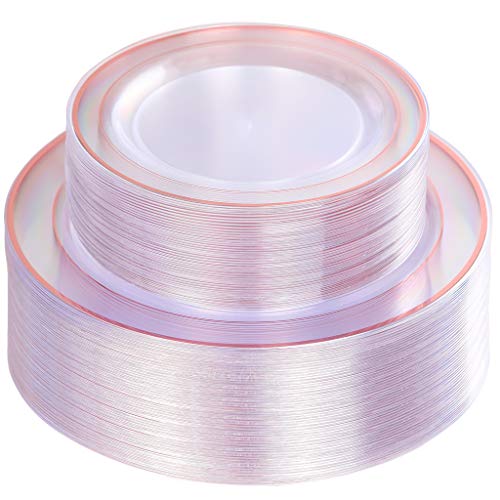 Product Cover 96 Pieces Clear Plastic Plates, Elegant Rose Gold Plates Includes: 48 Dinner Plates 10.25 
