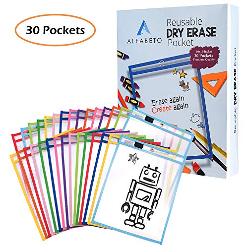 Product Cover Alfabeto Pack of 30 Dry Erase Pockets - 10 Colors - Reusable Dry Erase Sleeves - Perfect for Classroom Organization - Teaching/School Supplies - Oversized 10 X 13 inches