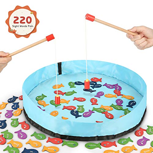 Product Cover Gamenote Sight Words Wooden Magnetic Fishing Game - 220 Dolch Word with 2 Magnet Poles for Kindergarten Preschool Children (Activity Guide Include)