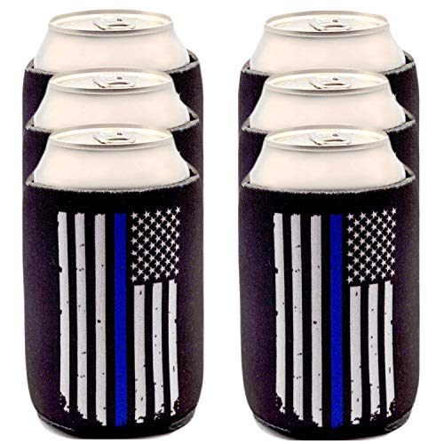 Product Cover Thin Blue Line Can Coolers 6-Pack, Blue Lives Matter Police Officer Gifts Beer Sleeves, Black with American Flag