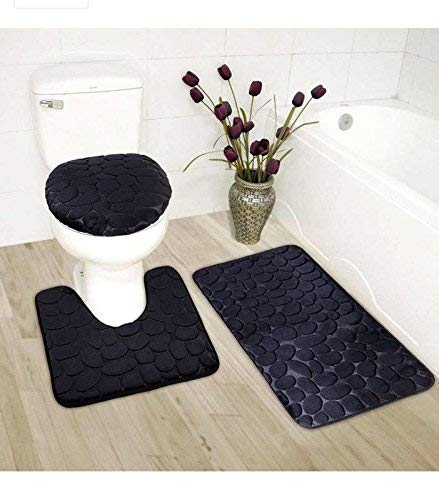 Product Cover Luxury Home Collection 3 Piece Stone Embossed Solid Color Memory Foam Soft Bathroom Rug Set Non-Slip with Rubber Backing (Black)