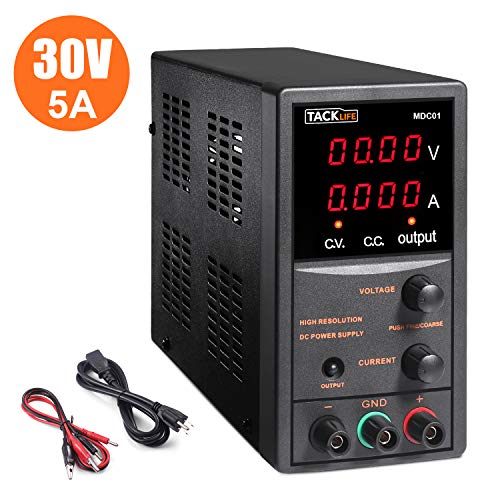 Product Cover DC Power Supply Variable, Switching DC Regulated Power Supply with 4 Digital LCD Display (0-30V/0-5A), Reverse Polarity/High Temperature Protection, 110V/115CM Alligator Leads Included - MDC01