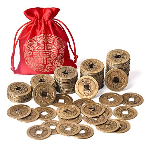 Product Cover Coopay 120 Pieces 1 Inch Chinese Fortune Coins Feng Shui I-Ching Coins Chinese Good Luck Coins Ancient Chinese Dynasty Time Coin with Red Lucky Pouch