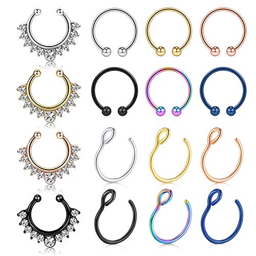 Product Cover vcmart Fake Nose Rings Hoop 12-16pcs Stainless Steel Faux Fake Lip Ear Nose Septum Ring Non-Pierced Clip On Nose Hoop Rings
