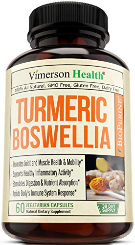 Product Cover Turmeric Curcumin with BioPerine, Boswellia and Ginger. Advanced Turmeric Combination. Promotes Healthy Cartilage Function. Vegan, Gluten-Free, Non-GMO, Natural. 60 Vegetarian Capsules.