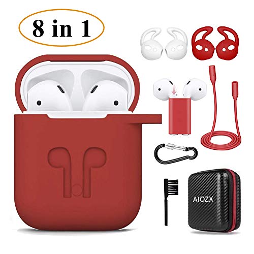 Product Cover Airpods Case,AIOZX 8 in 1 Airpod 1 & 2 Accessories Set Protective Silicone Cover Skin EVA Box Compatible Apple Airpods with Holder/Anti-Lost Strap/Cleaning Brush/Ear Hooks (Black Box&Red Case)