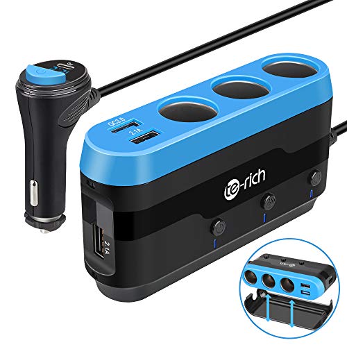 Product Cover Te-Rich Quick Charge 3.0 & USB C 120W 3-Socket Cigarette Lighter Adapter, 12V/24V Car Power Outlet Splitter Multi Port USB Charger Compatible w/Nexus 6P, Pixel, Galaxy S9/S8/Note 8, iPhone X/8/8 Plus