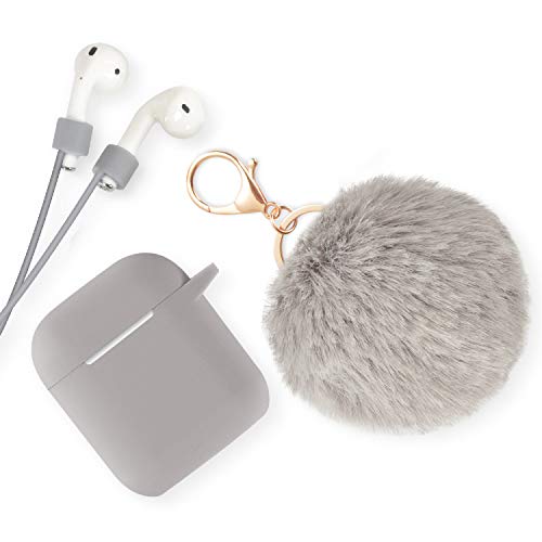 Product Cover Xmifer AirPods Case, Cute Airpods Case Keychain Drop Proof (Silicone Skin for AirPods Charging Case 2/1) with Fluffy Fur Ball Keychain and Airpods Anti-Lost Strap for Airpods 2/1(Gray)