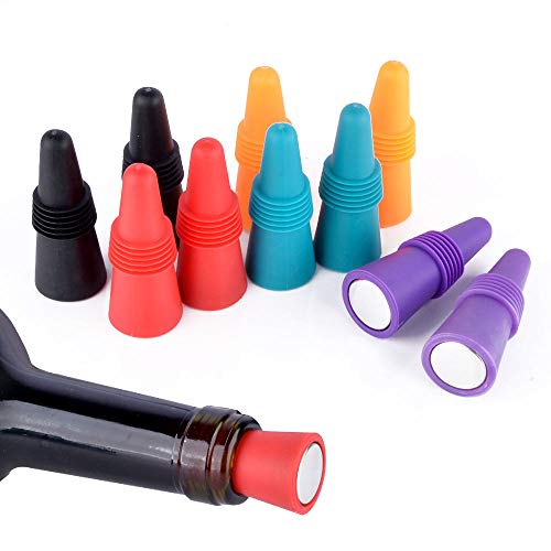 Product Cover SZUAH Wine Bottle Stopper (Set of 10), Silicone Reusable Wine and Beverage Bottle Stopper with Grip Top, Assorted Color.(Red, Blue, Orange, Purple, Black)