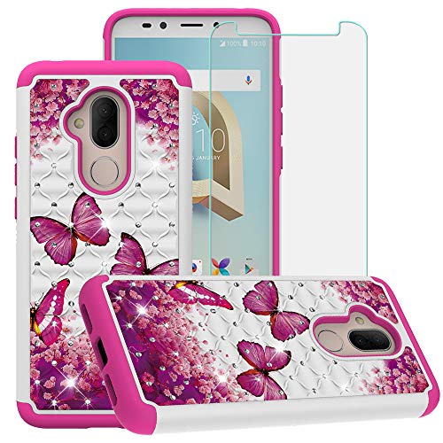 Product Cover BestAlice for Alcatel 7 / Alcatel 7 Folio/Alcatel Revvl 2 Plus case, Bling Cute Hybrid Dual Layer Armor Heavy Duty Protection Rugged Cover & Tempered Glass Screen Protector, Rosy Butterfly