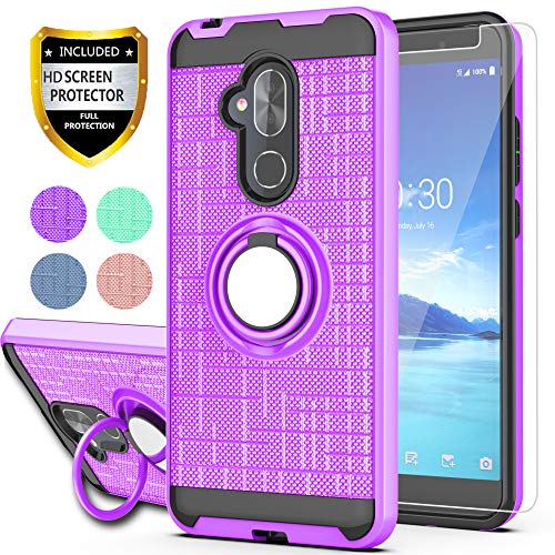 Product Cover YmhxcY for Alcatel 7 Case, Revvl 2 Plus Case (T-Mobile), Alcatel 7 Folio Case with HD Screen Protector, 360 Degree Rotating Ring & Bracket Dual Layer Shock Bumper Cover Alcatel 7-ZH Purple