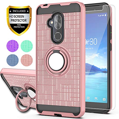 Product Cover YmhxcY for Alcatel 7 Case, Revvl 2 Plus Case (T-Mobile), Alcatel 7 Folio Case with HD Screen Protector, 360 Degree Rotating Ring & Bracket Dual Layer Shock Bumper Cover Alcatel 7-ZH Rose Gold