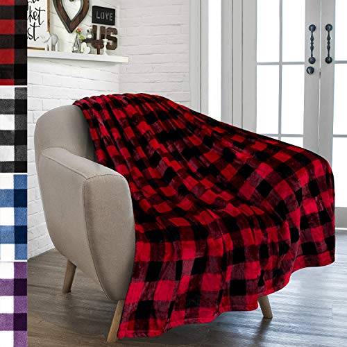 Product Cover PAVILIA Flannel Fleece Throw Blanket for Sofa Couch | Super Soft Velvet Plaid Pattern Checkered Decorative Throw | Warm Cozy Lightweight Microfiber | 50 x 60 Inches Plaid Red/Black