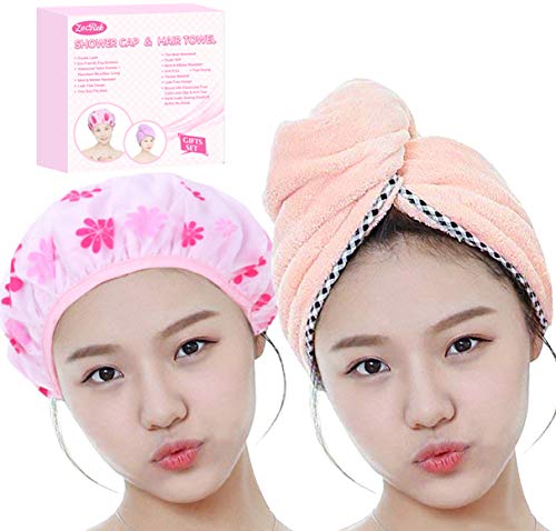 Product Cover Valentines Day Gifts for Women Mom Wife Her Girls Set of Most Absorbent Hair Towel & Double Layer Shower Cap w/Premium Gift box By Zecrek